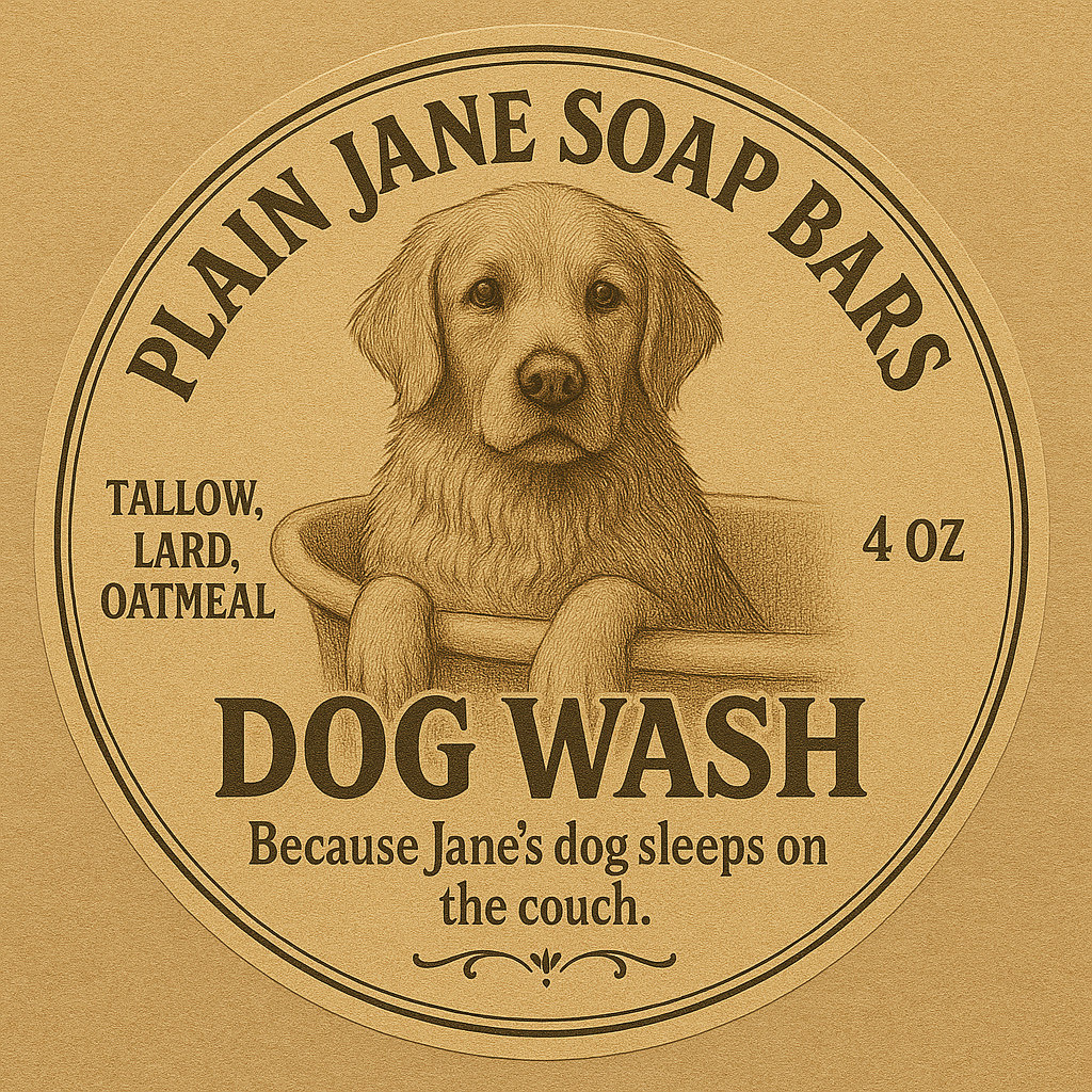 Label for Plain Jane Soap Bars Dog Wash with a dog illustration on a brown background